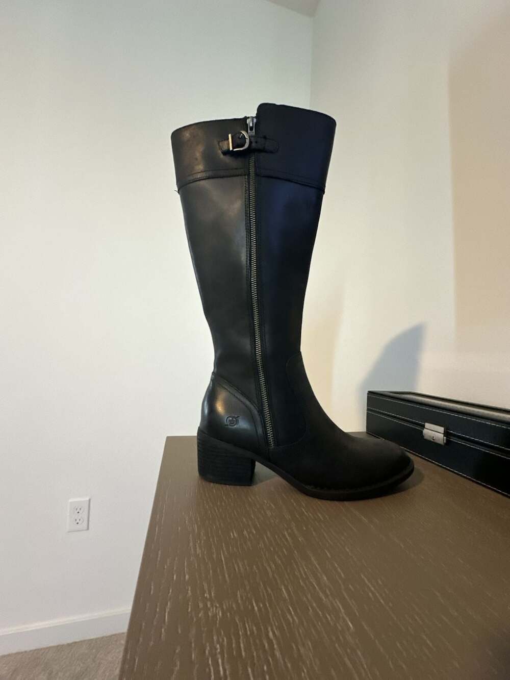 Born Fannar Women's Black Leather Knee-High Block Heel Riding Boots